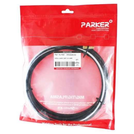 Направляющий канал Parker 1,0-1,4 мм 5 метров (стальная спираль с латунным ниппелем в чёрной оплётке) для MIG/MAG сварки