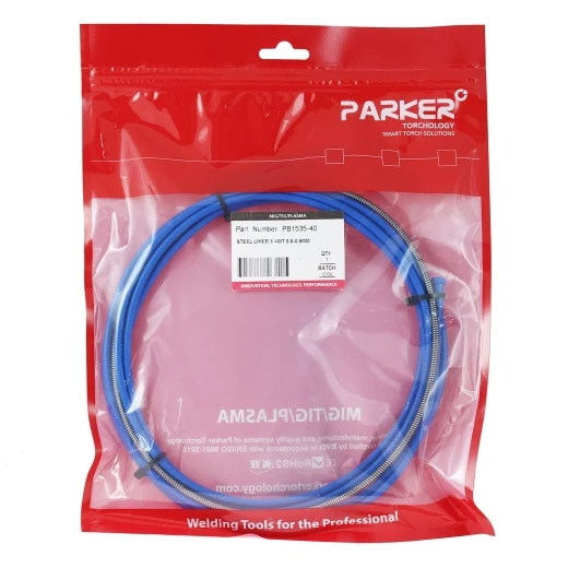 Направляющий канал Parker 0,6-0,9 мм 4 метра (стальная спираль с литым ниппелем в синей оплётке) для MIG/MAG сварки